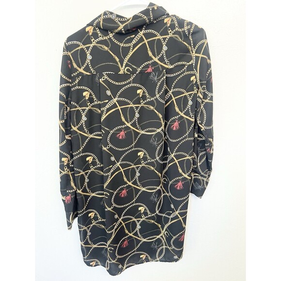 ZARA XSMALL BLACK HORSE CHAIN PRINT TIE NECK LONG OVERSIZED BLOUSE TOP XS - Picture 9 of 9